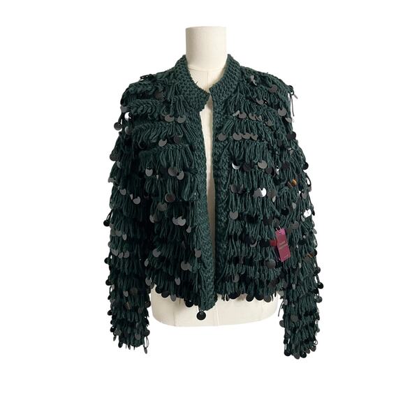Forever 21 Cardigan Sweater Womens Small Hunter Green Sequin Chunky Knit Open - Picture 4 of 12